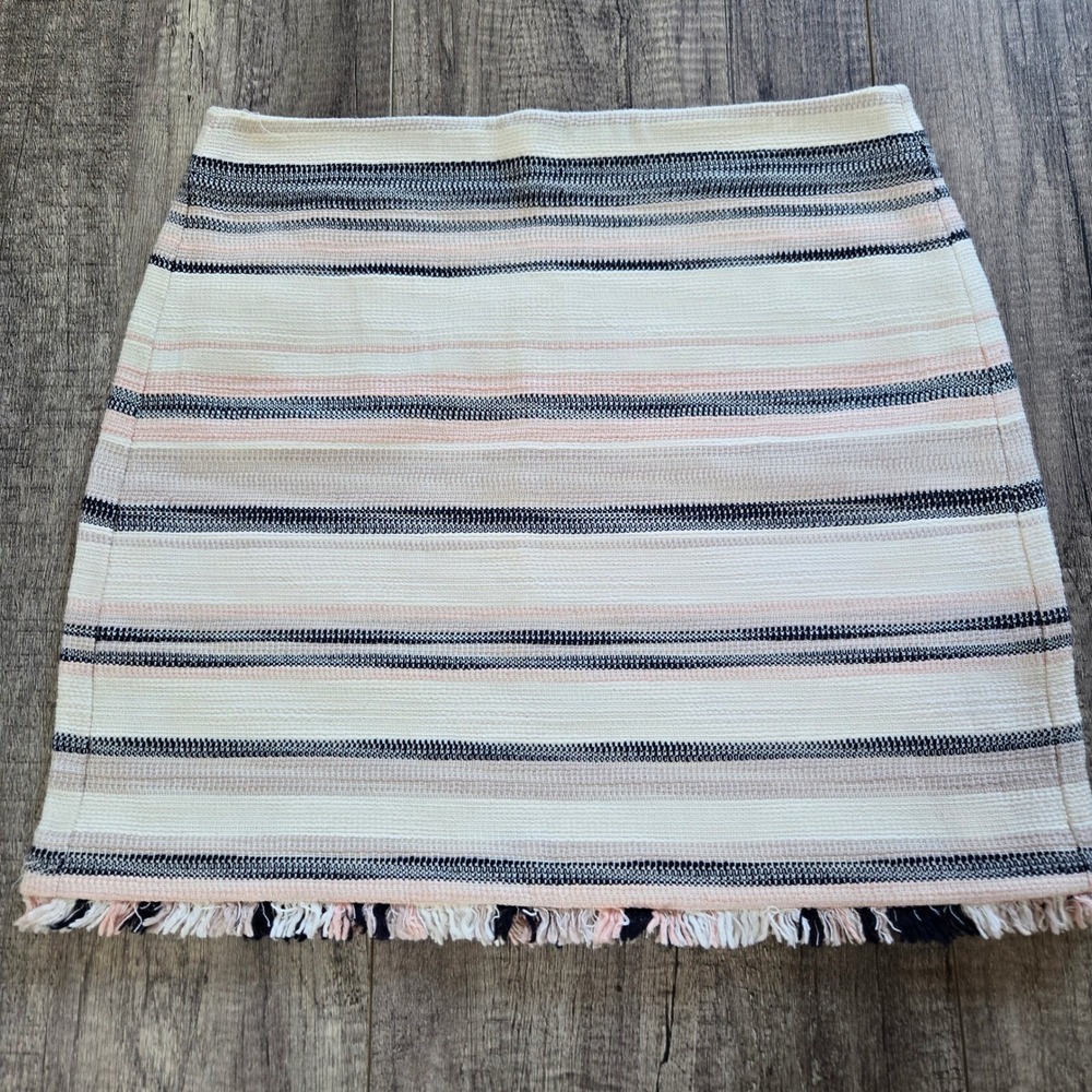 Loft‎ Outlet Women 12 Striped Tweed Mini Skirt Fringe Hem Pink Navy Cream 458770